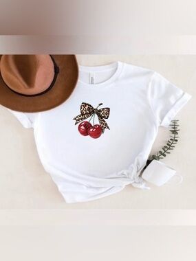 White Tee with Cherry & Leopard Bow Graphic